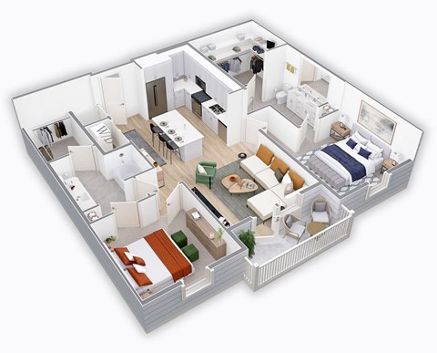 3d floor plan of a bedroom and living room